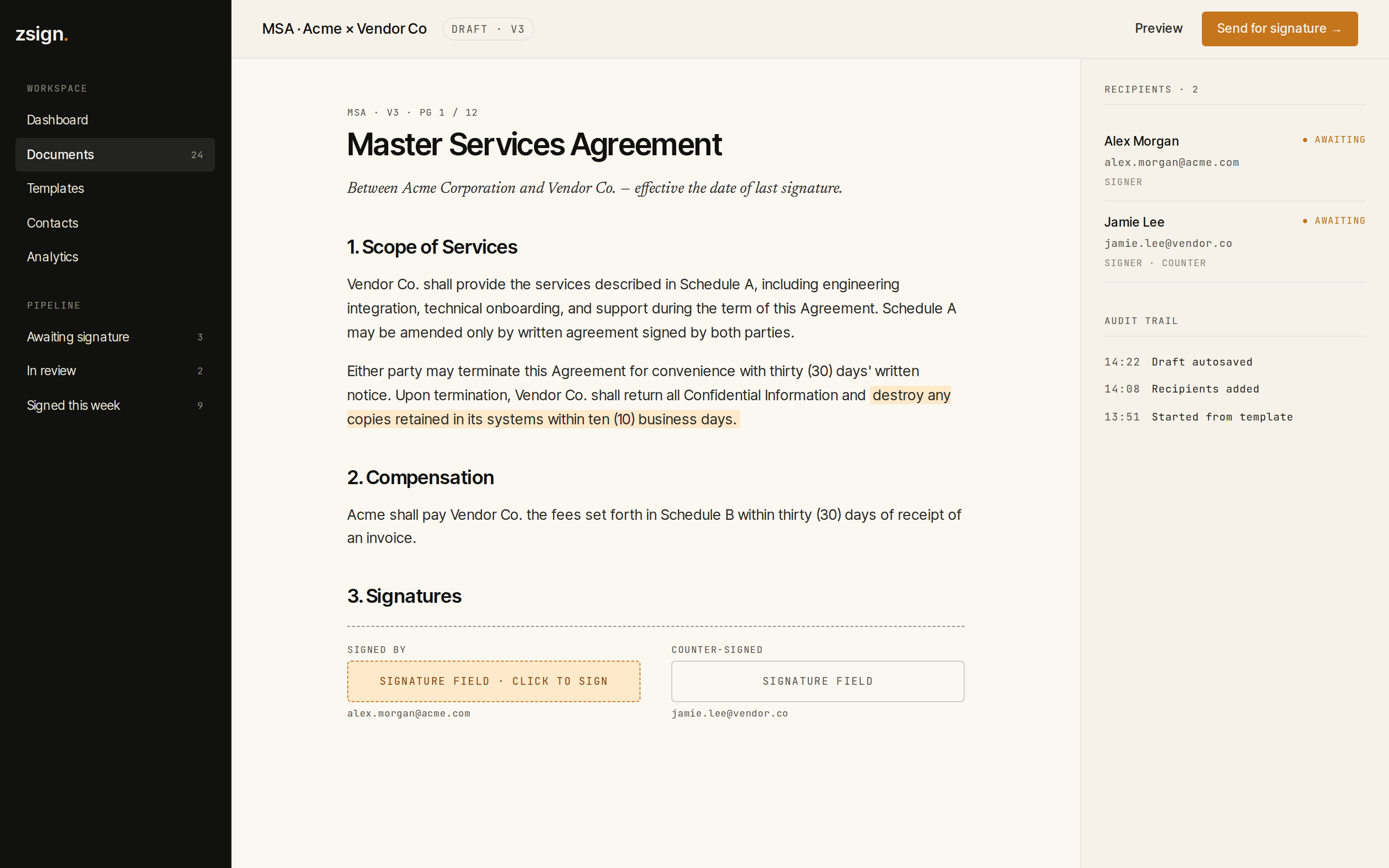 Plutosign editor with recipient signature fields